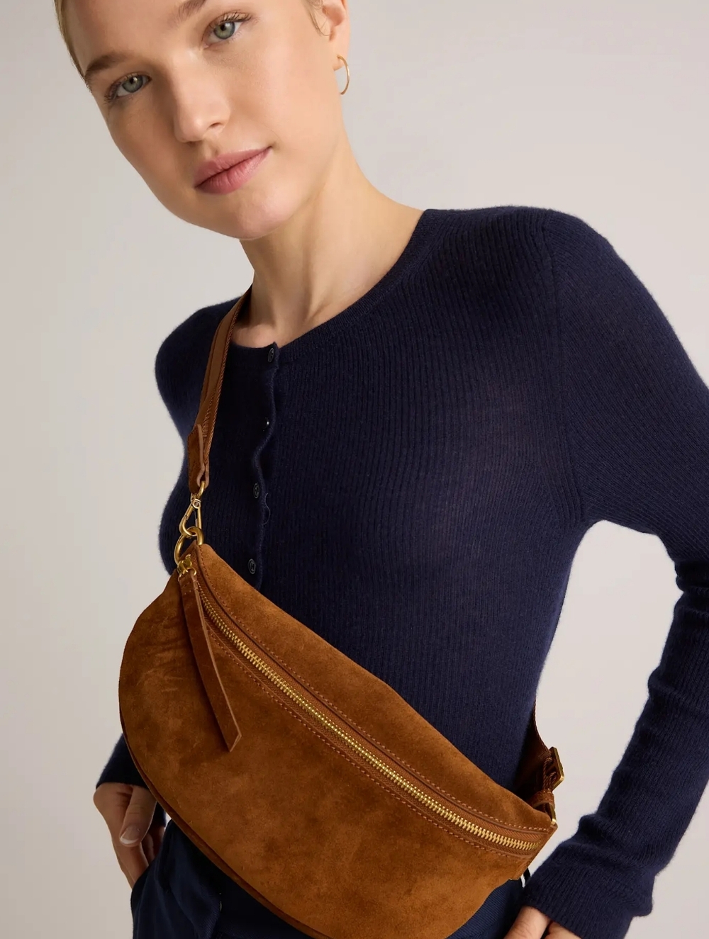 Quince Classic Italian Suede Crescent Crossbody Bag in Chestnut Brown